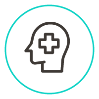 Icon of the outline of a head with a medical cross symbol in it