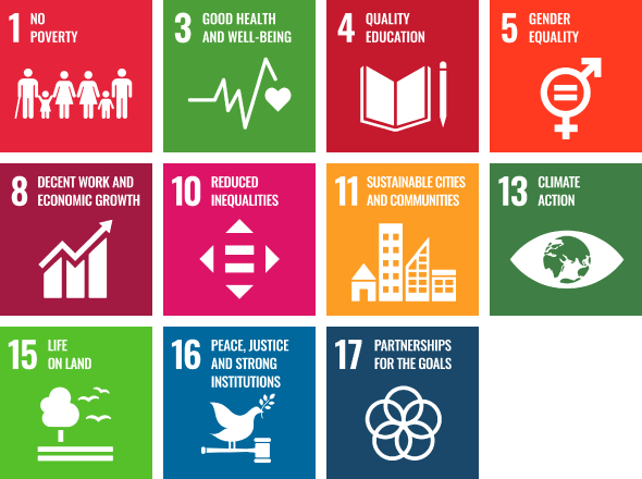 A group of eleven SDG icons showing the numbers 1, 3, 4, 5, 8, 10, 11, 13, 15, 16 and 17